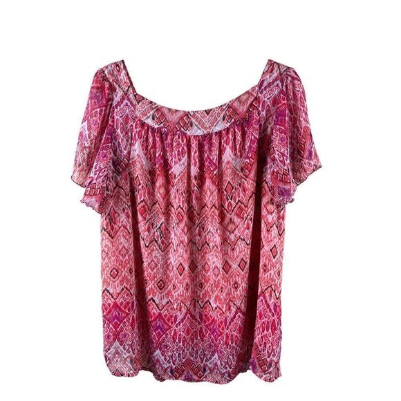 Zac & Rachel Woman Geometric Printed Chiffon Flutter Sleeve Blouse 1X Pink Boho - Picture 4 of 8